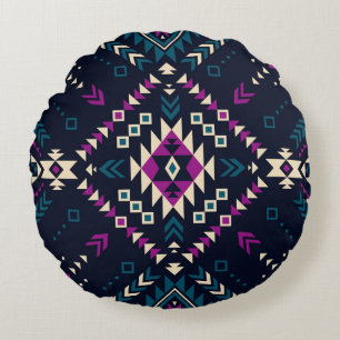 Dark tribal Navajo, vintage geometric. Round Pillow