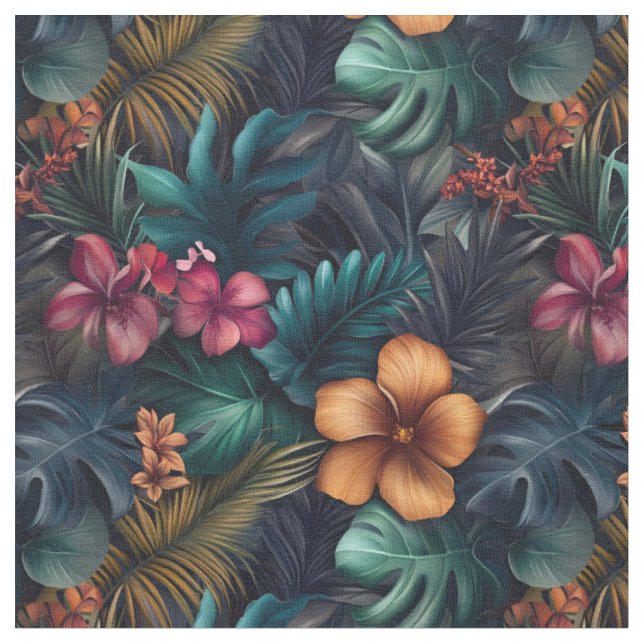 Dark Tropical Hibiscus & Leaves  Fabric (Close Up)
