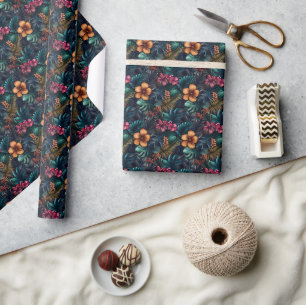 Dark Tropical Hibiscus & Leaves Wrapping Paper