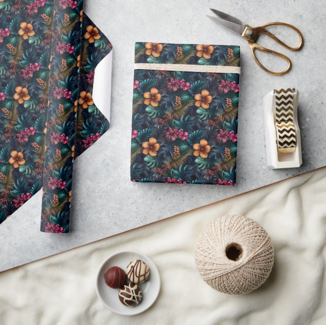 Dark Tropical Hibiscus & Leaves  Wrapping Paper (Crafts)