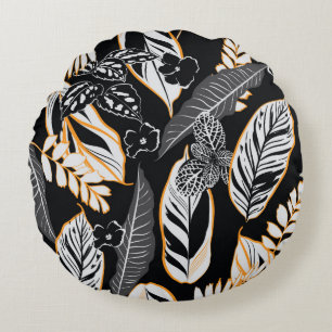 Dark tropical night leaves and foliage seamless pa round pillow