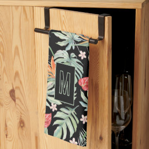 Dark Tropics Flower Foliage Fantasy with Monogram Kitchen Towel