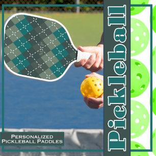 Dark Turquoise and Grey Argyle with White Stitchin Pickleball Paddle
