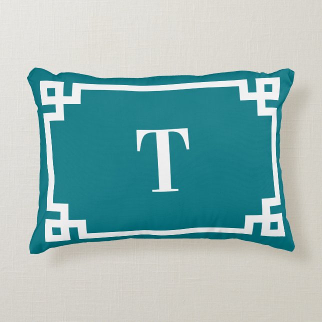 Dark Turquoise and White Greek Key Border Monogram Accent Pillow (Front)
