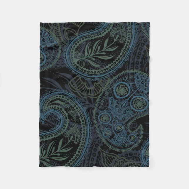 Dark Turquoise, Blue and Green Paisley Fleece Blanket (Front)