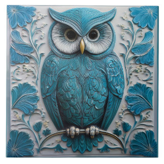 Dark turquoise blue faux relief Art Nouveau Owl Tile