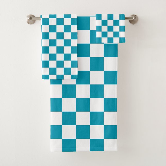 Dark turquoise chequered  bath towel set (Insitu)