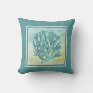 Dark Turquoise Coral Branch Outdoor Pillow