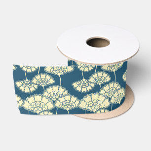 Dark turquoise floral Japanese pattern Satin Ribbon