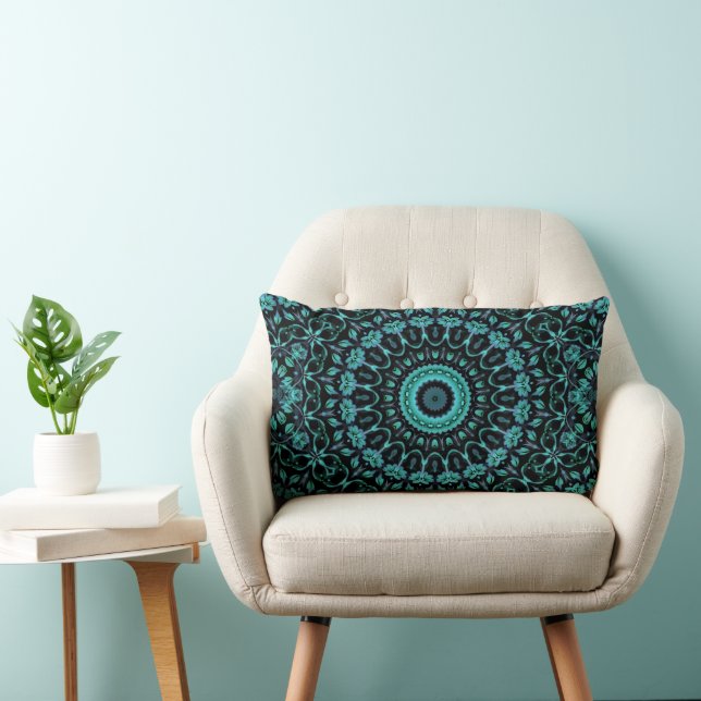 Dark Turquoise Floral Mandala Lumbar Pillow (Chair)