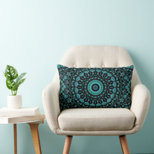 Dark Turquoise Floral Mandala Lumbar Pillow