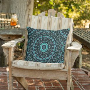 Dark Turquoise Floral Mandala Outdoor Pillow