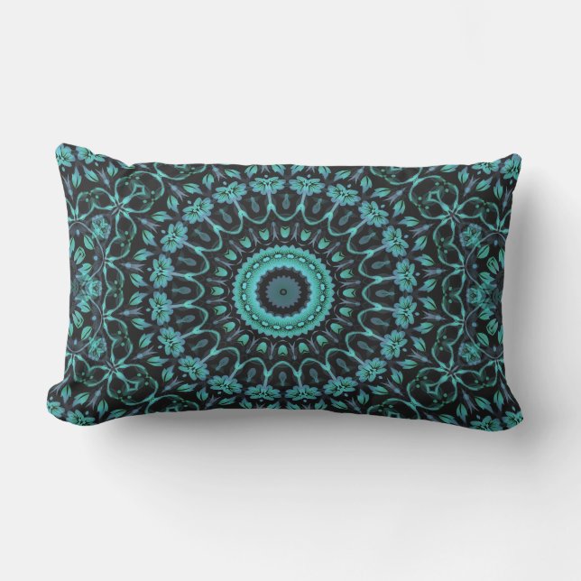 Dark Turquoise Floral Mandala Outdoor Pillow (Front)