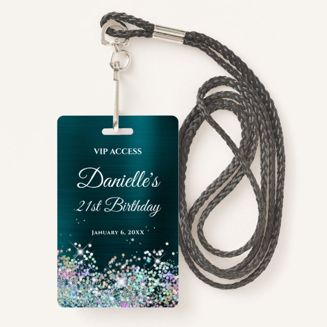 Dark Turquoise Foil Holo Glitter 21st Birthday Badge (Front with Lanyard)