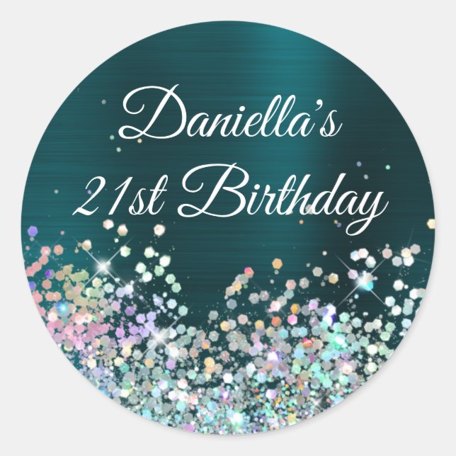Dark Turquoise Foil Holo Glitter 21st Birthday Classic Round Sticker (Front)