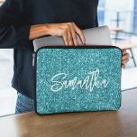 Dark Turquoise Glitter Brush Script Name Laptop Sleeve<br><div class="desc">Create your own teal luxury glitter with name or monogram.
Customize the brush script font calligraphy style and size.
There are other font styles in the system.
Move,  duplicate or delete the faux sparkle graphic.</div>