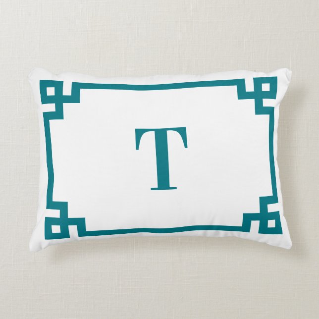 Dark Turquoise Greek Key Border Monogram Accent Pillow (Front)