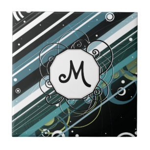 Dark Turquoise Modern-Retro Stripes with Monogram Tile