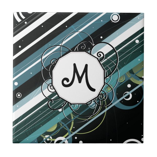 Dark Turquoise Modern-Retro Stripes with Monogram Tile (Front)
