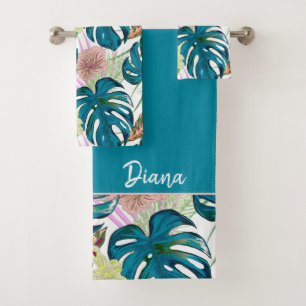 Dark turquoise monstera, delicate peach and yellow bath towel set