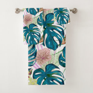 Dark turquoise monstera, delicate peach and yellow bath towel set