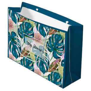 Dark turquoise monstera, delicate peach and yellow large gift bag