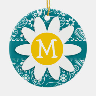 Dark Turquoise Paisley; Daisy Ceramic Ornament