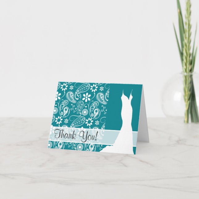 Dark Turquoise Paisley; Floral Thank You Card (Front)