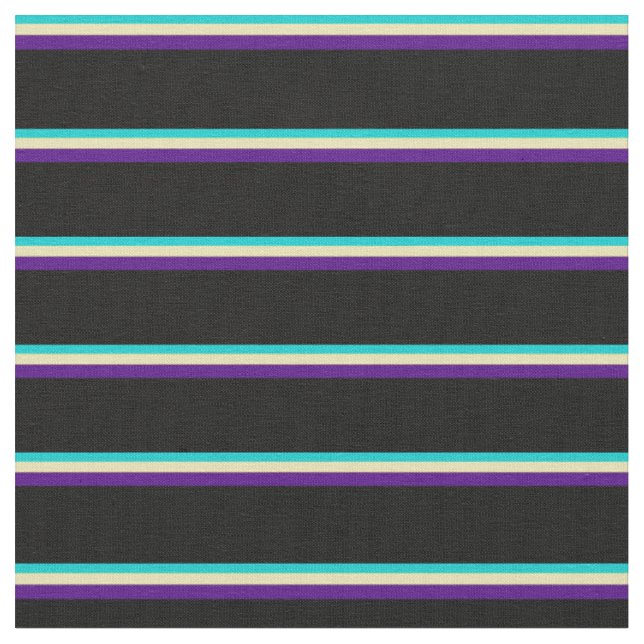 Dark Turquoise, Tan, Indigo & Black Coloured Lines Fabric (Close Up)