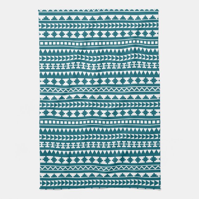 Dark Turquoise Tribal Aztec Pattern Kitchen Towel (Vertical)