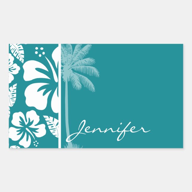 Dark Turquoise Tropical Hibiscus; Palm Sticker (Front)
