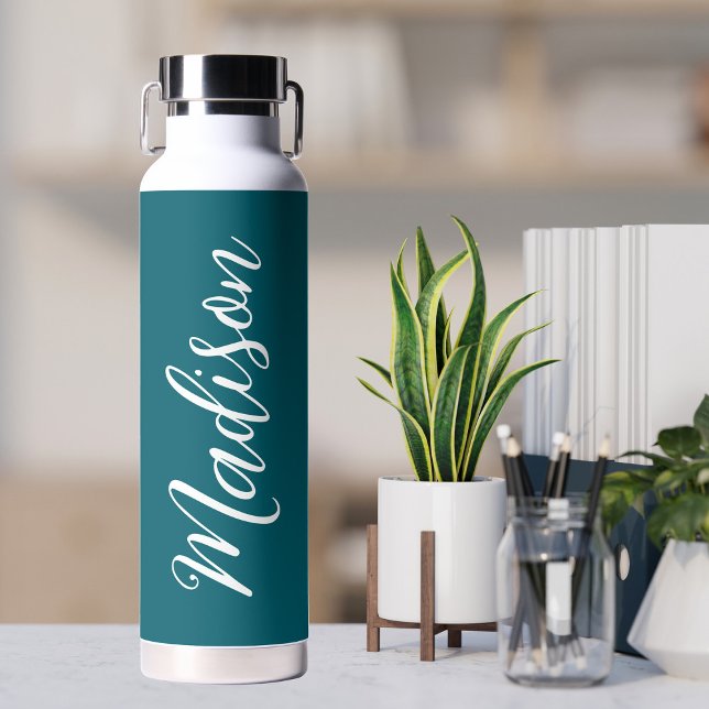 Dark Turquoise White Handwritten Script Custom Water Bottle (Creator Uploaded)