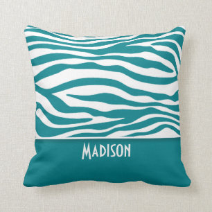 Dark Turquoise Zebra Stripes; Personalized Throw Pillow