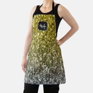 Dark ultimate grey yellow sparkles ombre Monogram Apron
