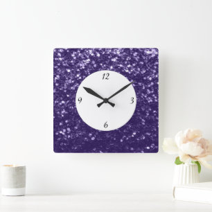 Dark ultra violet purple glitter sparkle w numbers square wall clock