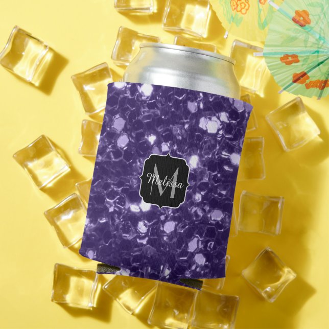 Dark ultra violet purple glitter sparkles Monogram Can Cooler (In Situ Summer)