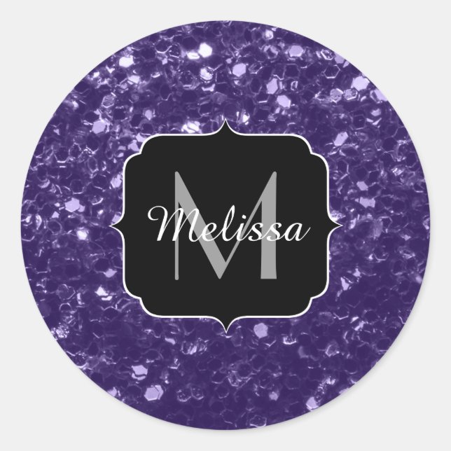 Dark ultra violet purple glitter sparkles Monogram Classic Round Sticker (Front)