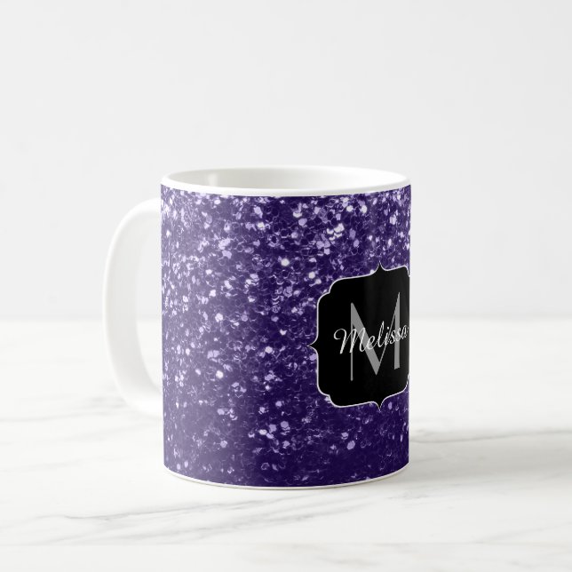 Dark ultra violet purple glitter sparkles Monogram Coffee Mug (Front Left)