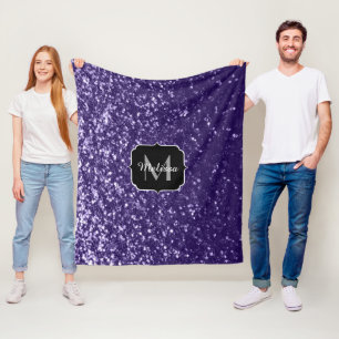 Dark ultra violet purple glitter sparkles Monogram Fleece Blanket
