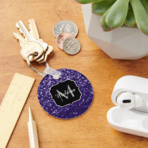 Dark ultra violet purple glitter sparkles Monogram Keychain