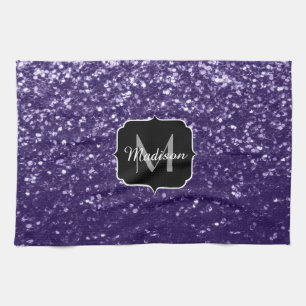 Dark ultra violet purple glitter sparkles Monogram Kitchen Towel