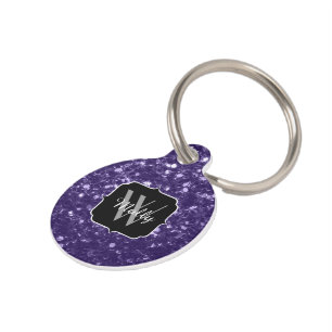 Dark ultra violet purple glitter sparkles Monogram Pet Tag