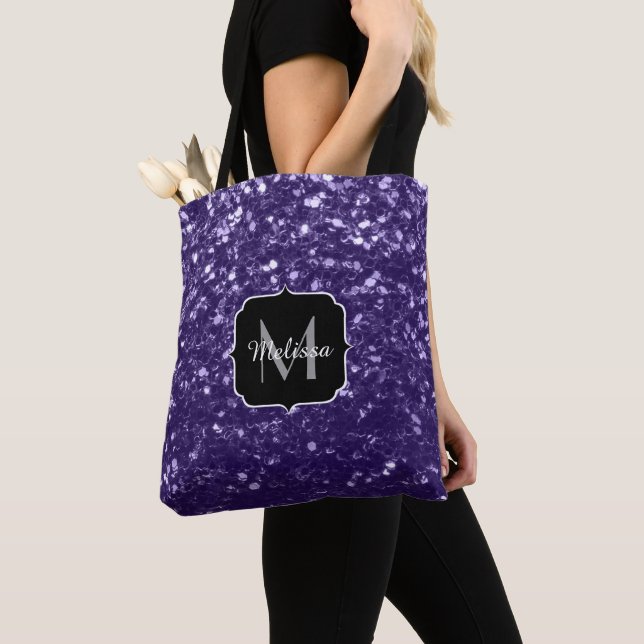 Dark ultra violet purple glitter sparkles Monogram Tote Bag (Close Up)