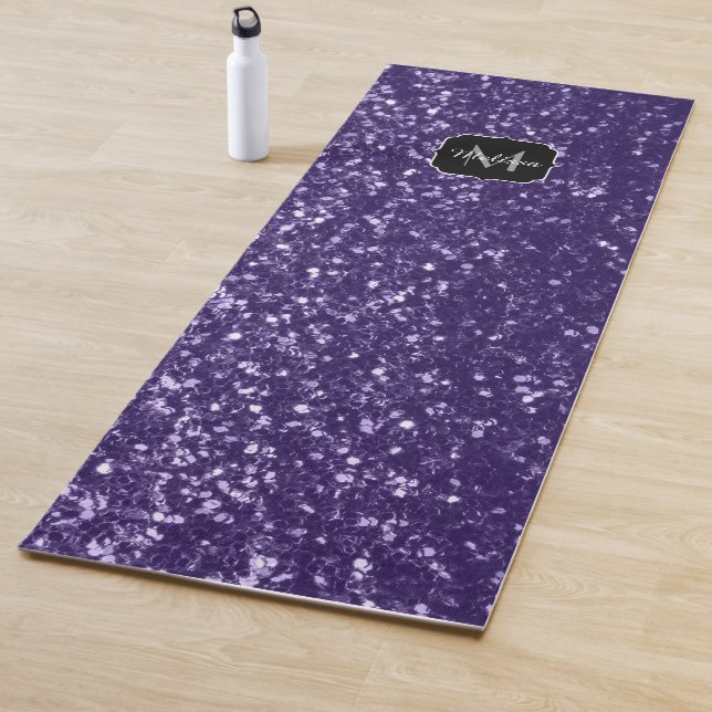 Dark ultra violet purple glitter sparkles Monogram Yoga Mat (In Situ)