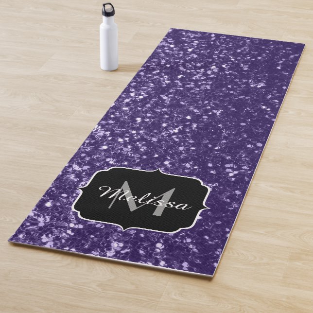Dark ultra violet purple glitter sparkles Monogram Yoga Mat (In Situ)