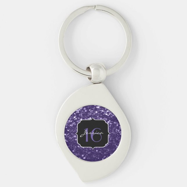 Dark ultra violet purple glitter sparkles Sweet 16 Keychain (Front)