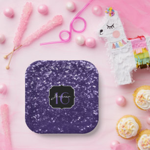 Dark ultra violet purple glitter sparkles Sweet 16 Paper Plate