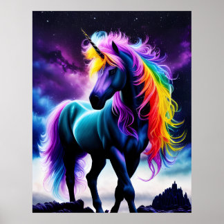 Dark Unicorn with Rainbow Mane Poster