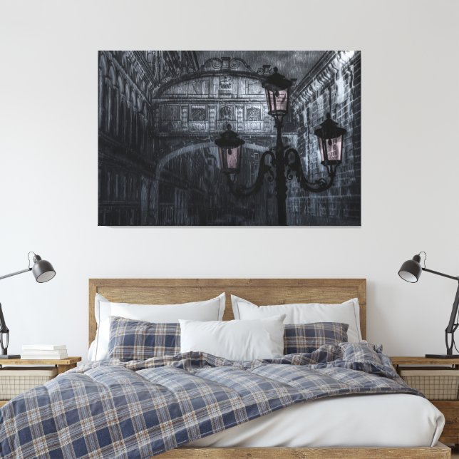 Dark Venice Rain Bridge of Sighs at Night Canvas Print (Insitu(Bedroom))