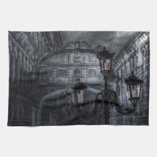 Dark Venice Rain Bridge of Sighs at Night Kitchen Towel